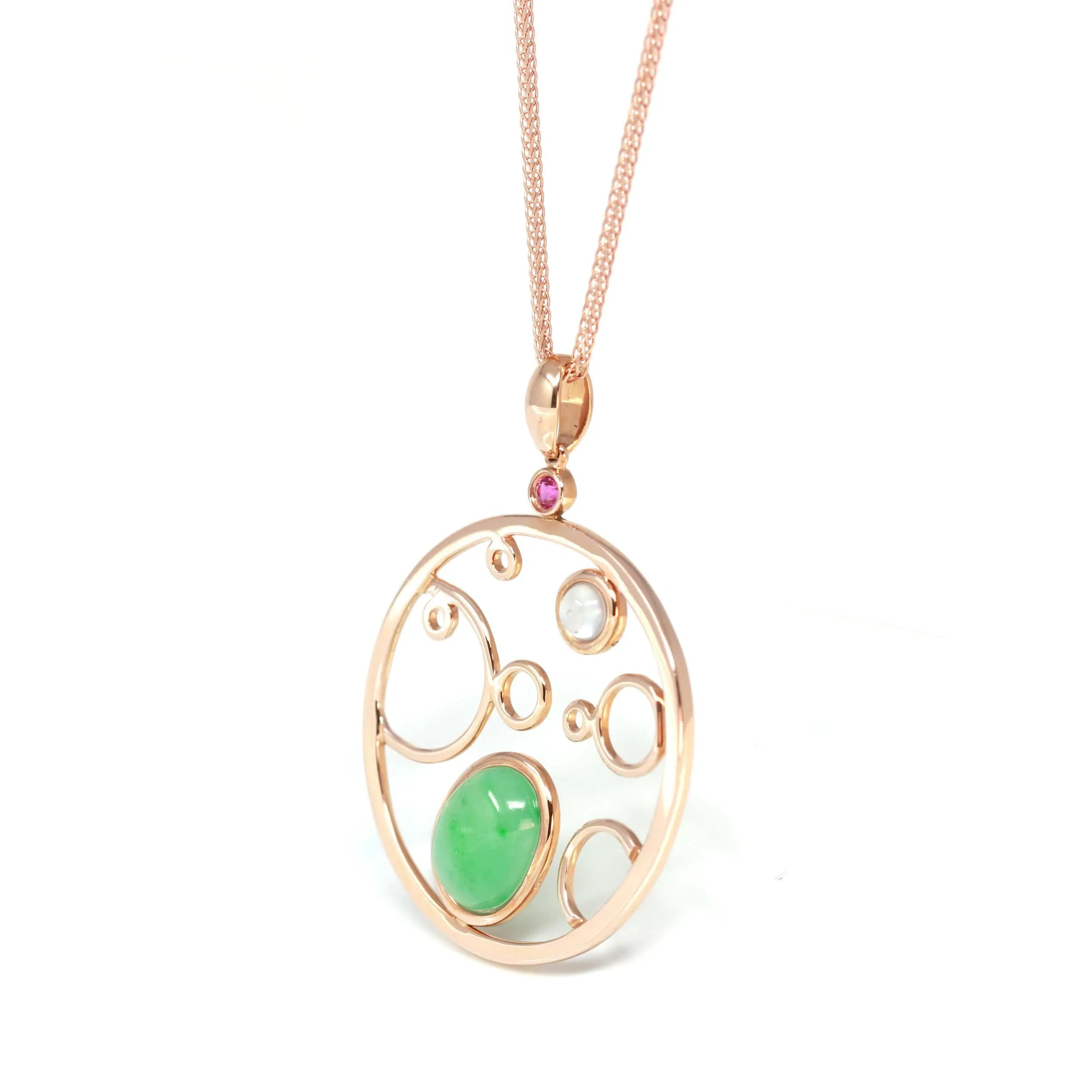 RealJade® "Bubble Collection" 18k Rose Gold Genuine Burmese Jadeite Necklace With Diamonds