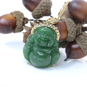 RealJade® "Laughing Buddha" 18k Yellow Gold Genuine Nephrite Green Jade with Diamonds Buddha Pendant Necklace High-end Collectable