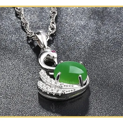 RealJade® "Love Swan" Sterling Silver Genuine Nephrite Jade Swan Pendant Necklace With Zircon