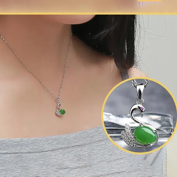 RealJade® "Love Swan" Sterling Silver Genuine Nephrite Jade Swan Pendant Necklace With Zircon