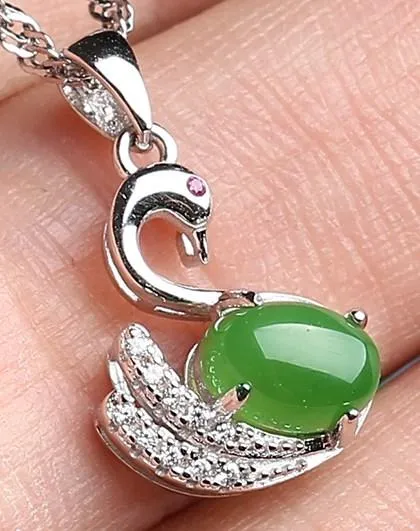 RealJade® "Love Swan" Sterling Silver Genuine Nephrite Jade Swan Pendant Necklace With Zircon