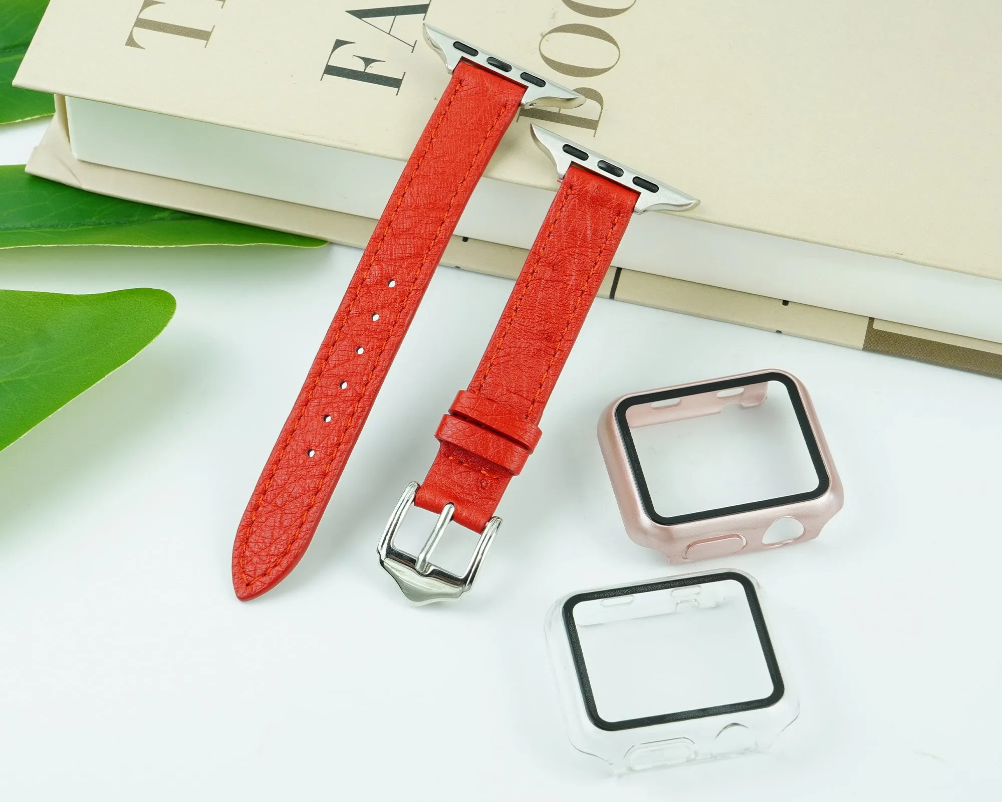 Red Flat Ostrich Leather Band Compatible Apple Watch Iwatch 49mm Screen Protector Case Silver Adapter Replacement Strap For Smartwatch Series 7 8 Leather Handmade AW-190S-W-49MM