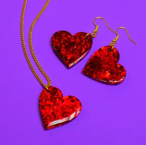 Red Love Heart Resin Earrings Glitter Heart Shaped Valentines Day Necklace Pendant Matching Set Statement Jewellery