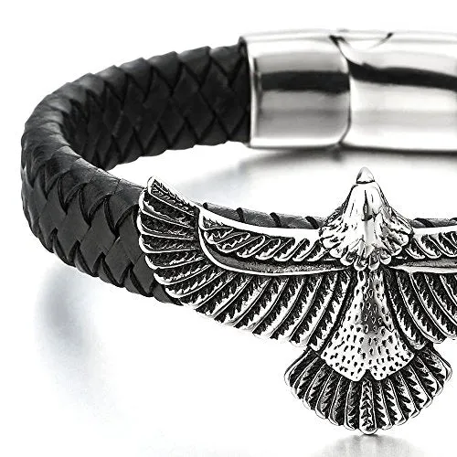 Rock Punk Stainless Steel Flying Eagle Bangle Bracelet Black Braided Leather Wristband for Men