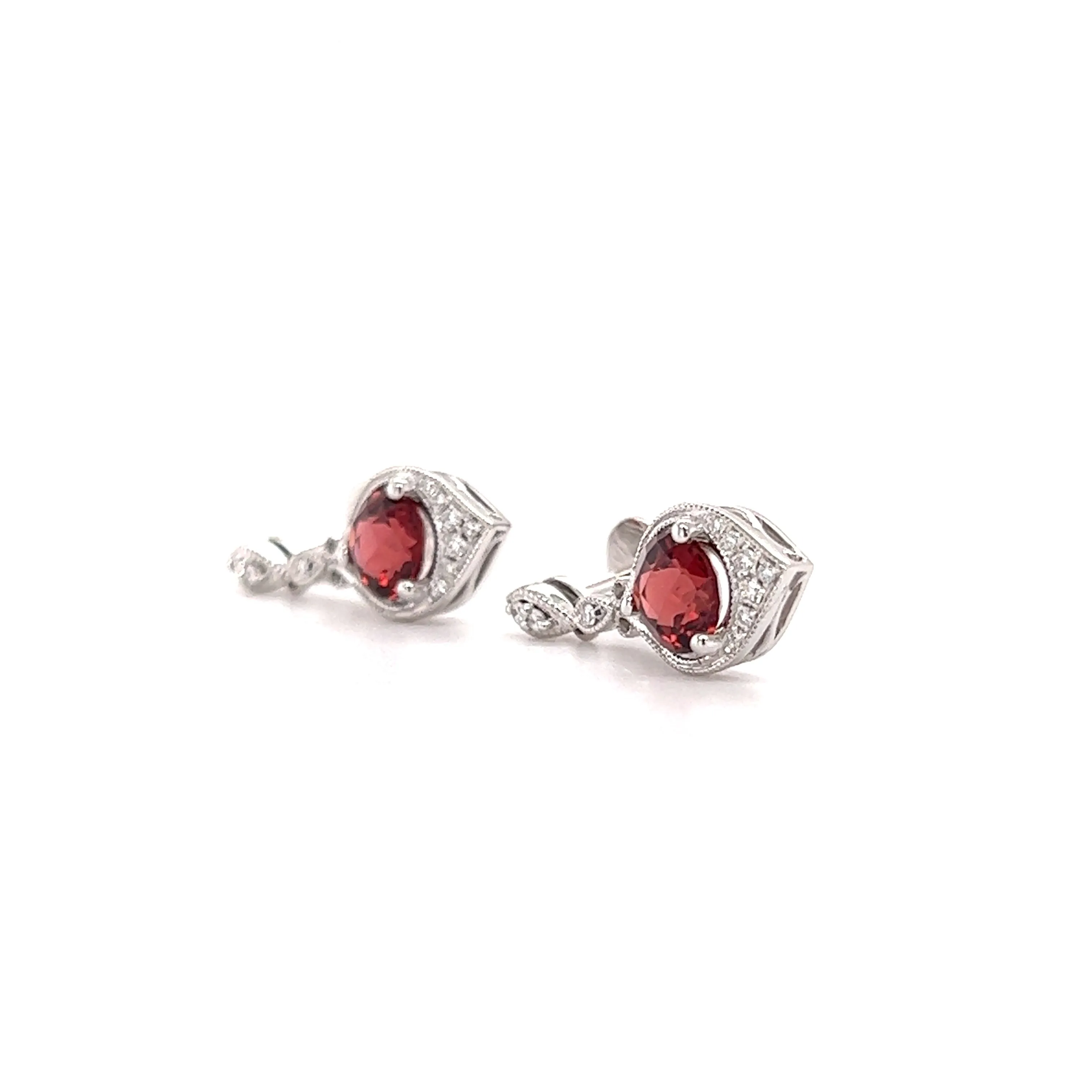 Round Garnet Drop Earrings with Twenty Diamonds in 14K Yellow Gold