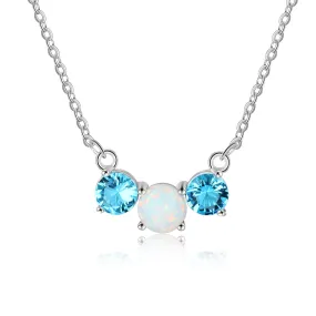 Round Opal Two Blue Zircon Sterling Silver Necklace