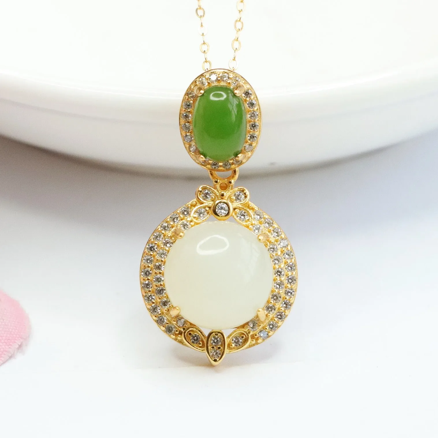 Round White Hetian Jade Pendant with Oval Jasper Zircon Necklace