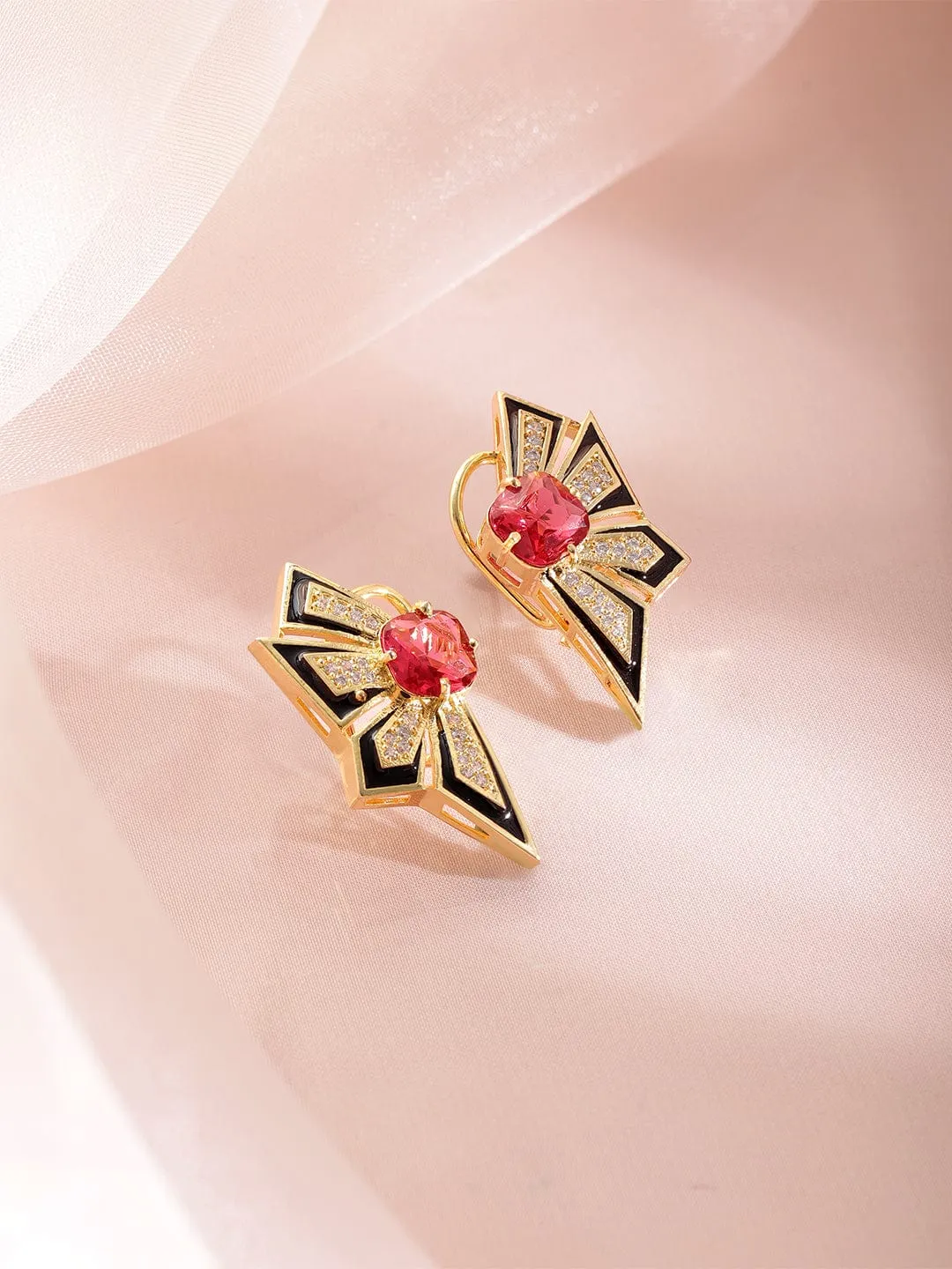 Rubans 18K Gold-Plated Ruby Red & Black Enamel Cubic Zirconia Studded Statement Stud Earrings