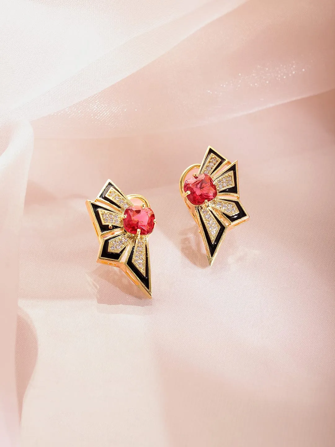 Rubans 18K Gold-Plated Ruby Red & Black Enamel Cubic Zirconia Studded Statement Stud Earrings