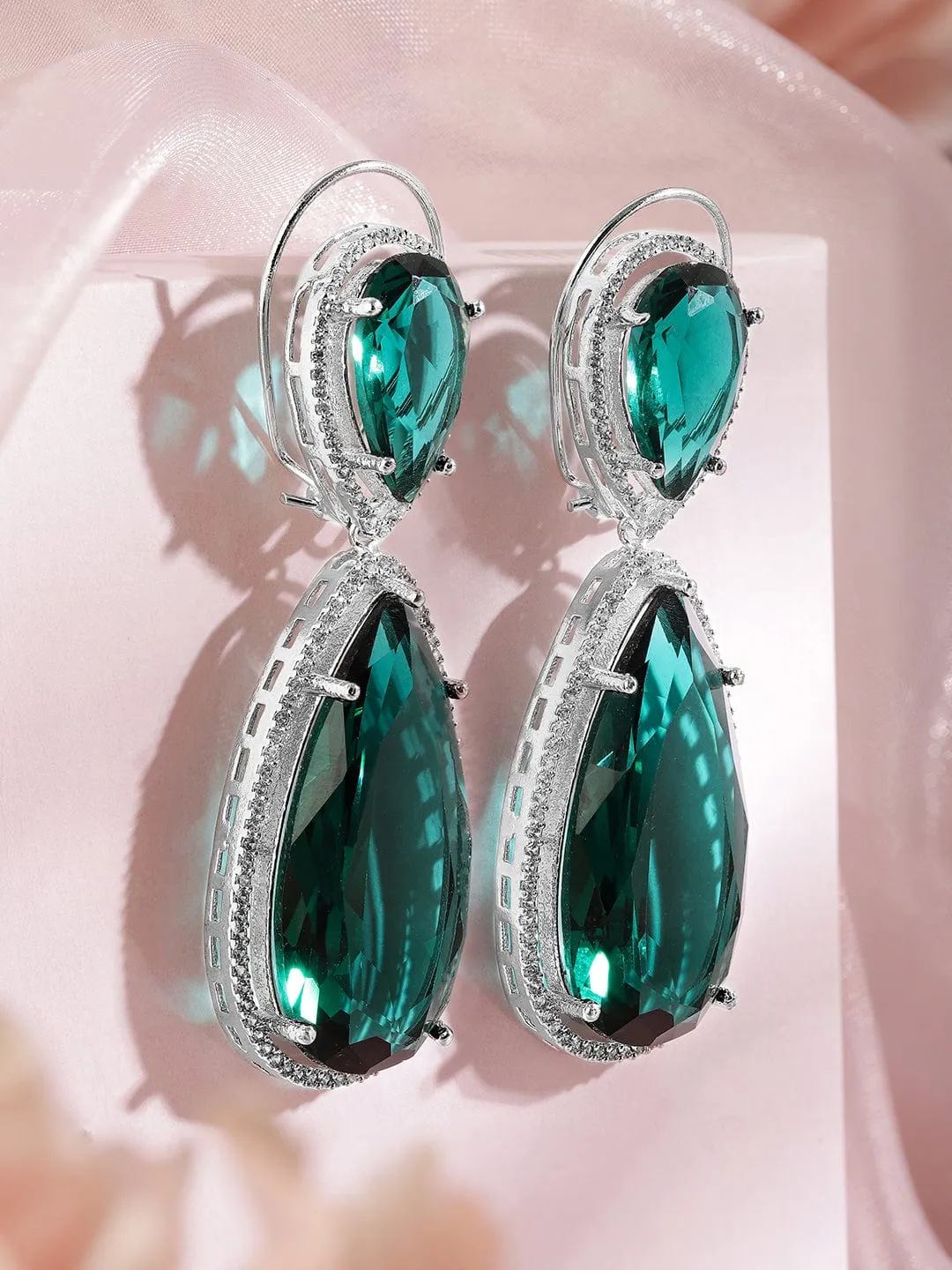 Rubans Rhodium-Plated Emerald Green & Cubic Zirconia Studded Premium Drop Earrings