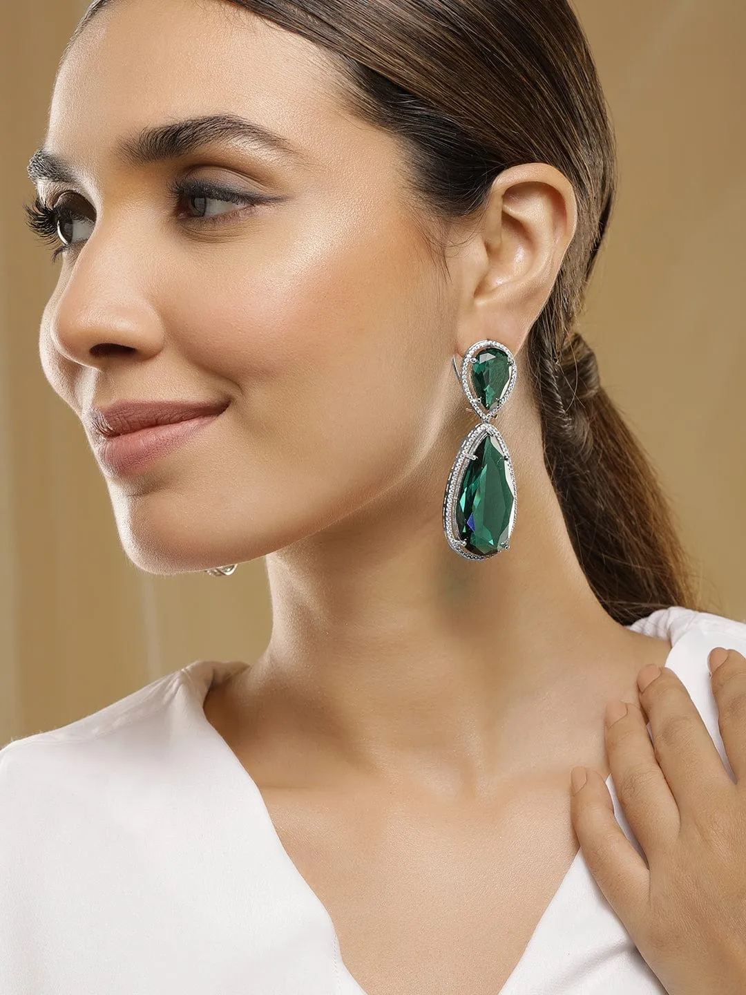 Rubans Rhodium-Plated Emerald Green & Cubic Zirconia Studded Premium Drop Earrings