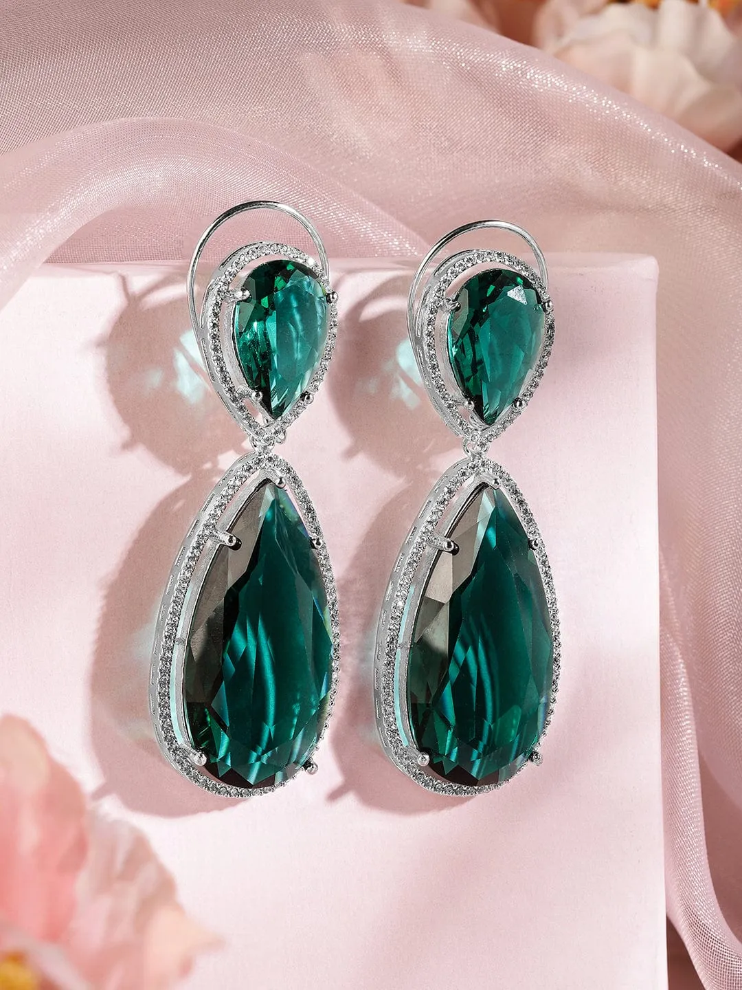 Rubans Rhodium-Plated Emerald Green & Cubic Zirconia Studded Premium Drop Earrings