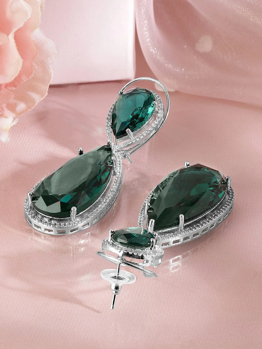 Rubans Rhodium-Plated Emerald Green & Cubic Zirconia Studded Premium Drop Earrings