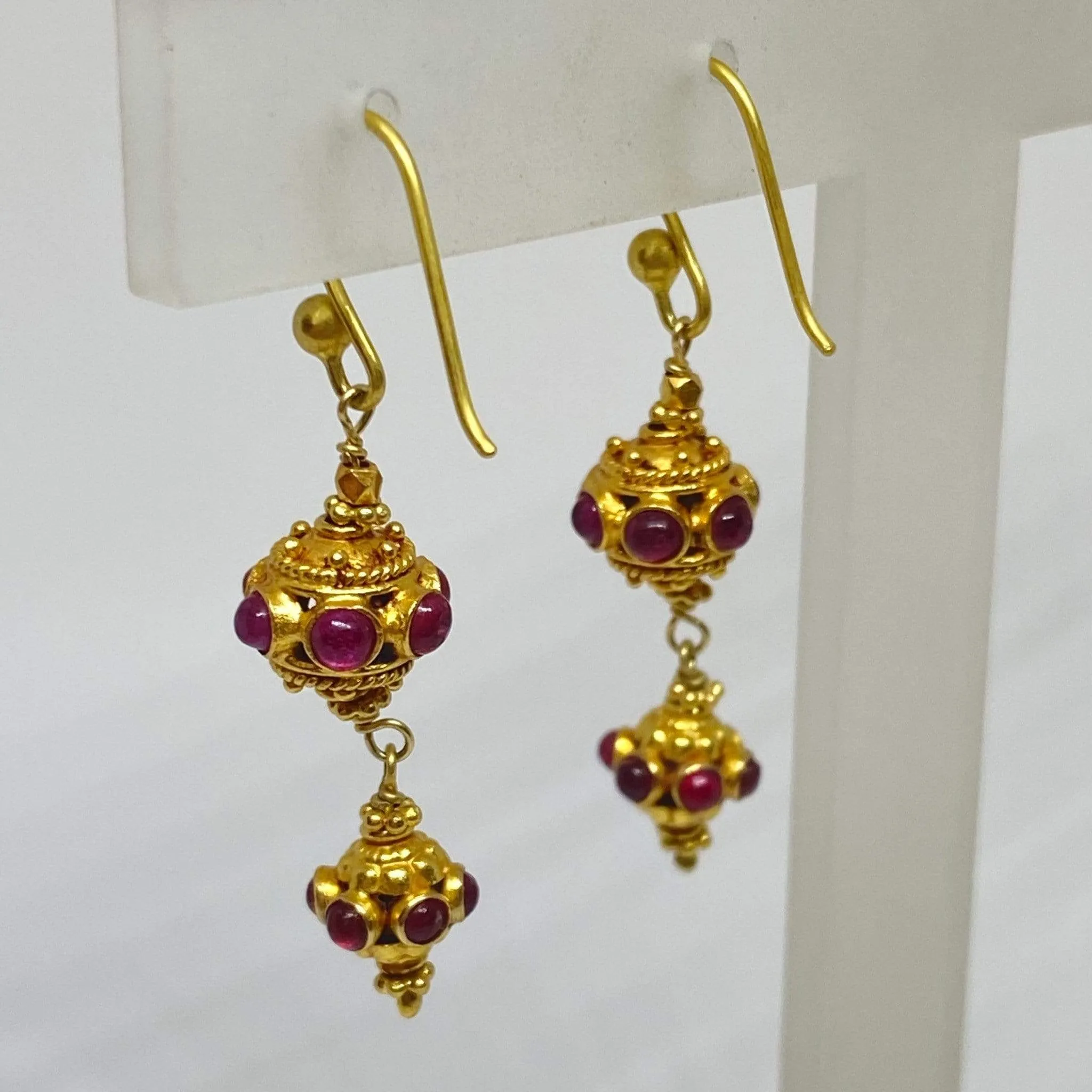 Ruby Cabochon Bali Style Dangle Earrings Shepards Hook 18K Yellow Gold