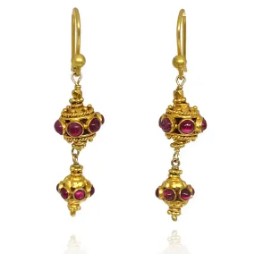 Ruby Cabochon Bali Style Dangle Earrings Shepards Hook 18K Yellow Gold