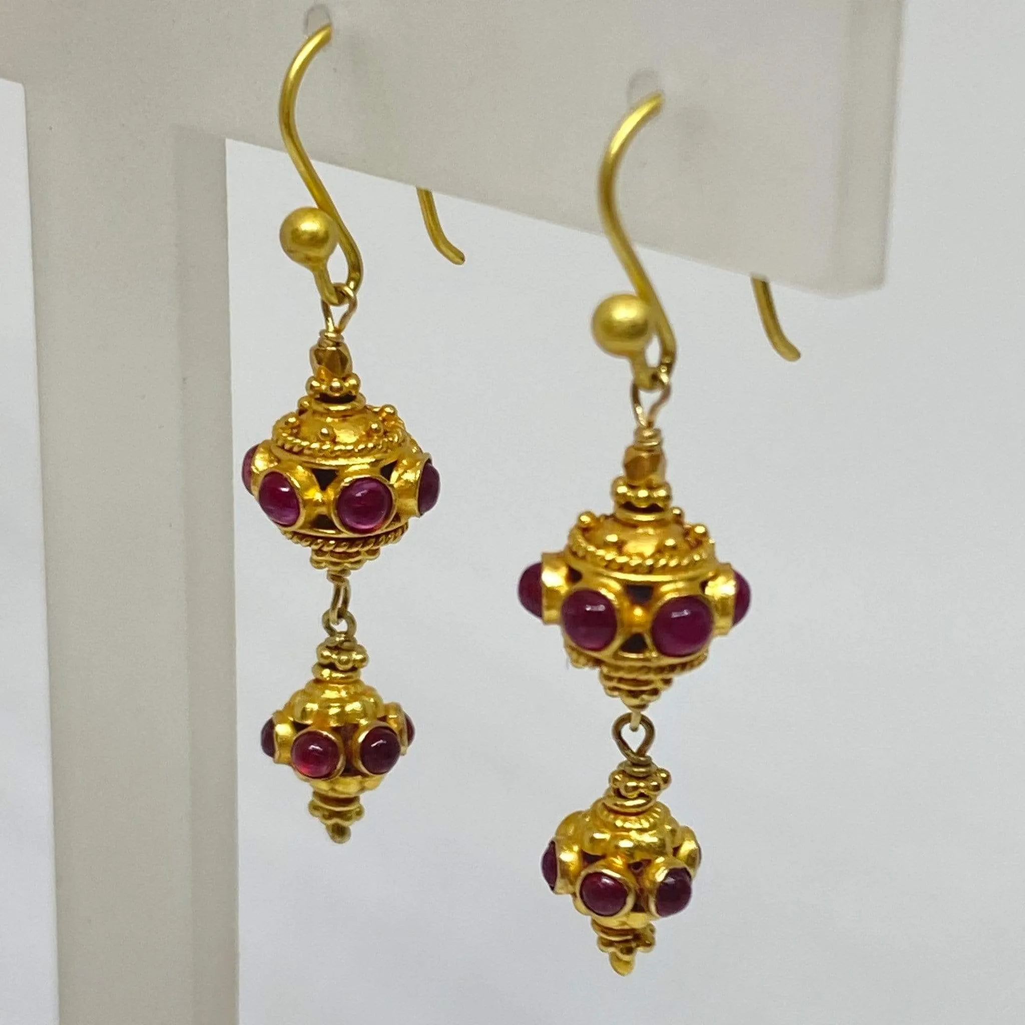 Ruby Cabochon Bali Style Dangle Earrings Shepards Hook 18K Yellow Gold