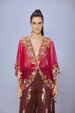 Ruby kaftan embroidered in mirrors & gold sequins