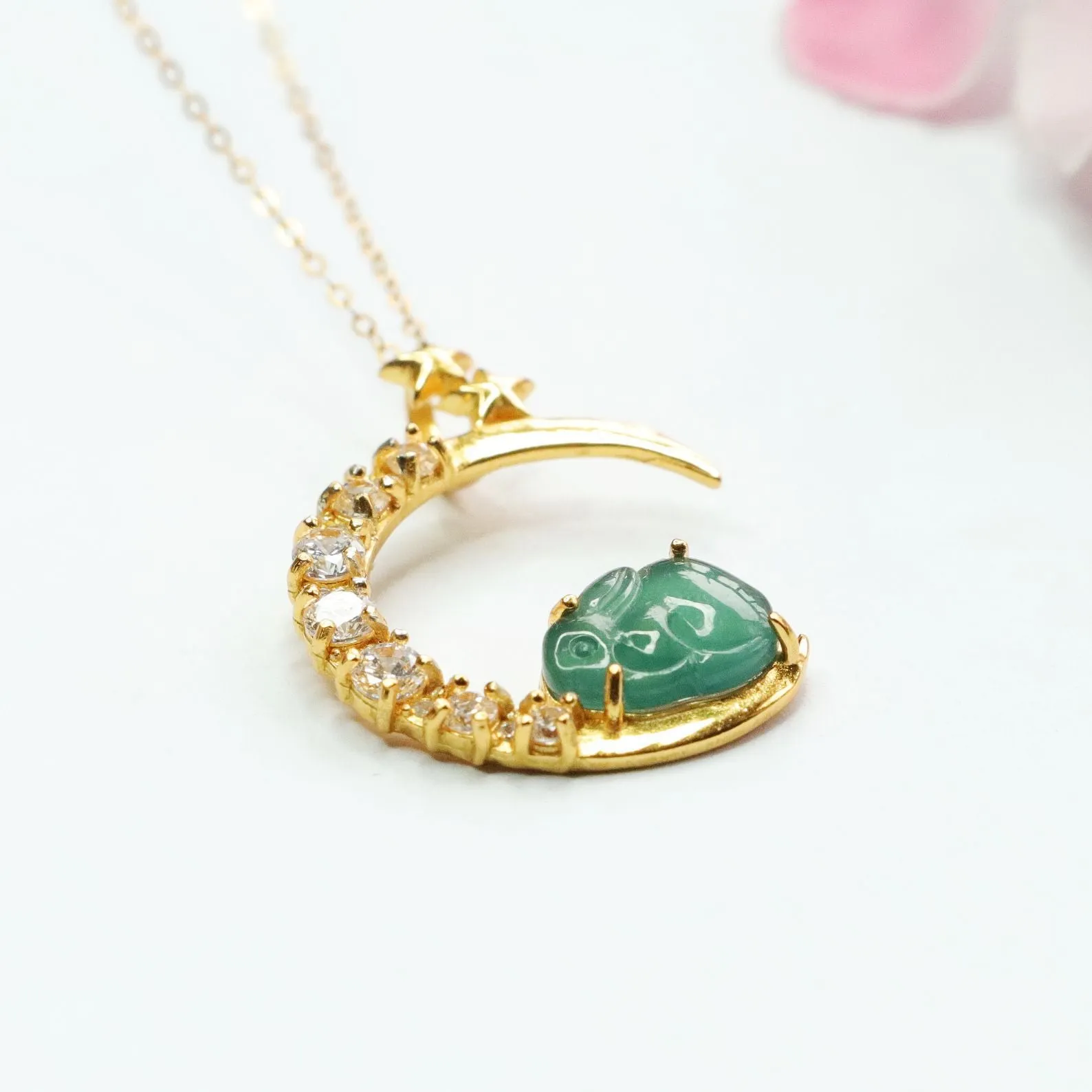 S925 Sterling Silver Necklace with Ice Blue Green Jadeite Rabbit Pendant and Zircon Moon