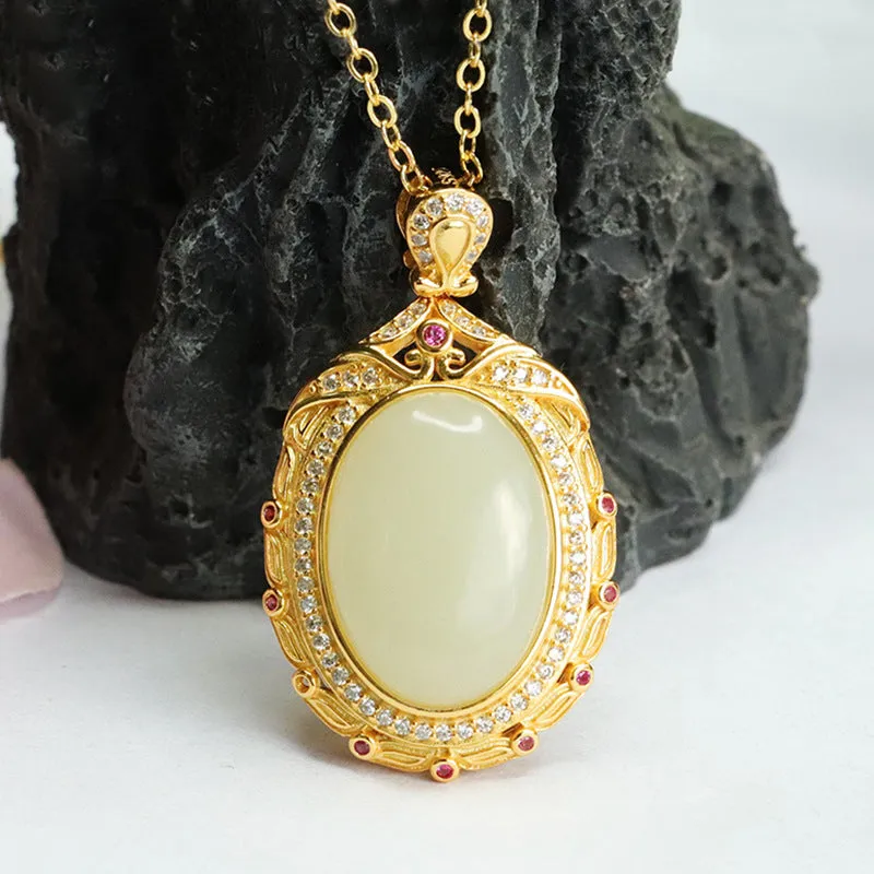 S925 Sterling Silver Oval Jade Necklace with Vintage Hotan Jade Pendant