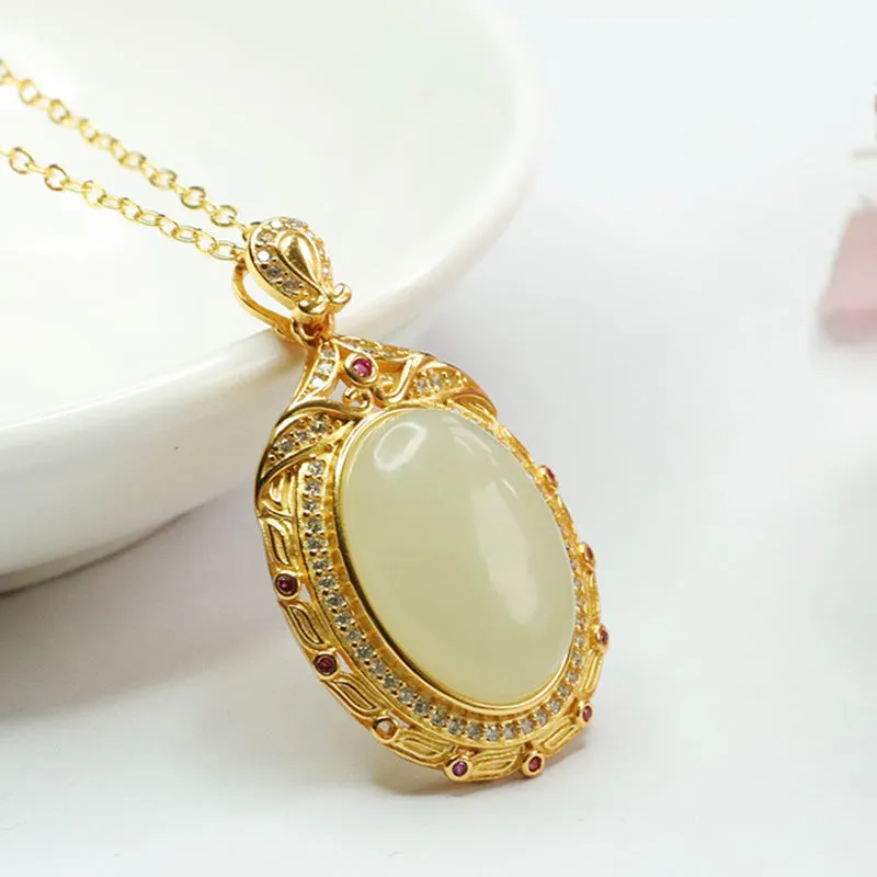 S925 Sterling Silver Oval Jade Necklace with Vintage Hotan Jade Pendant