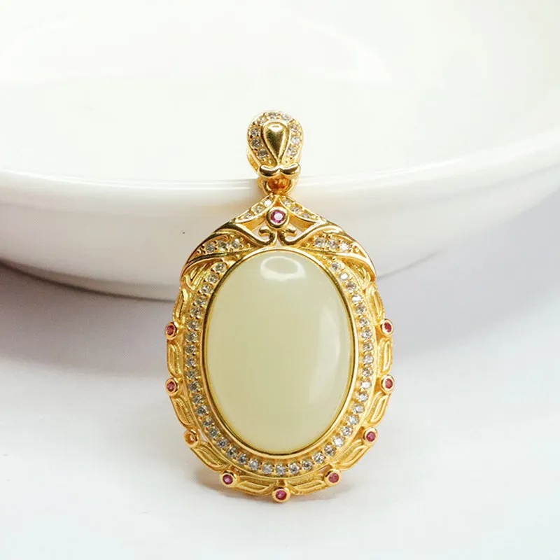 S925 Sterling Silver Oval Jade Necklace with Vintage Hotan Jade Pendant