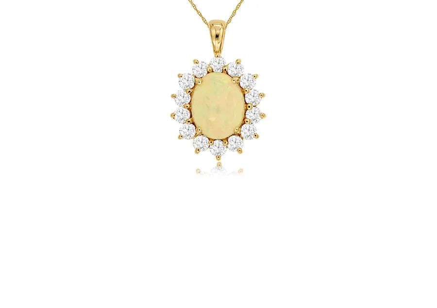 Sabel Collection Yellow Gold Oval Opal and Diamond Halo Pendant Necklace