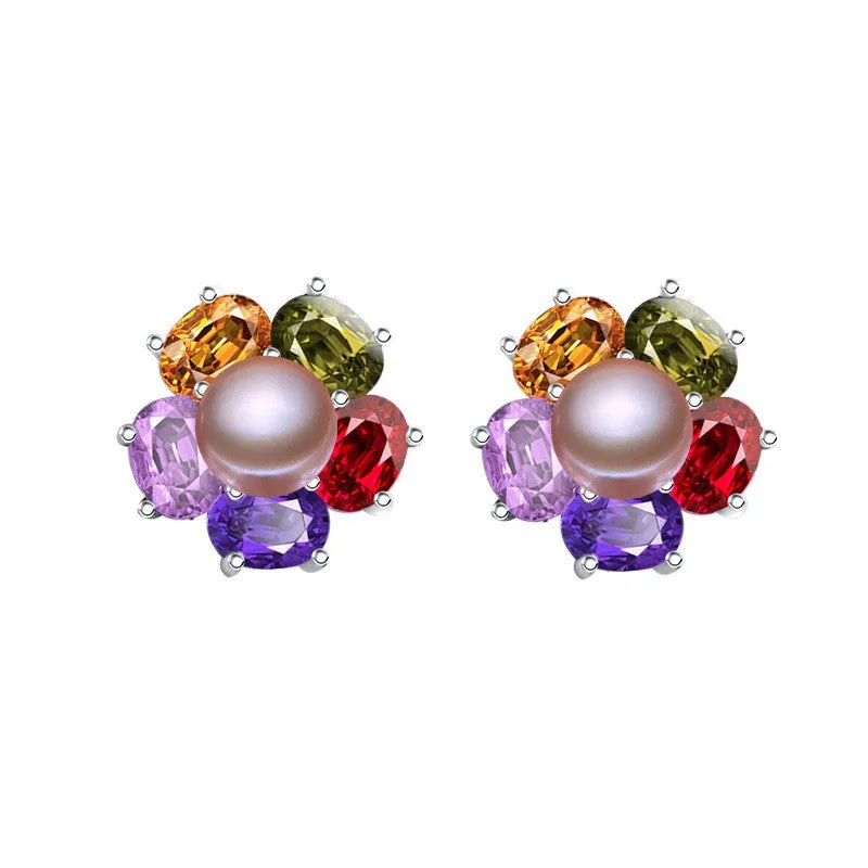 Sapphire jewelry Pearl earrings, Pearl with 925 Sterling Silver earrings,Multicolored gems charms earrings ruby jewelry