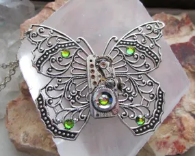 Silver Filigree Butterfly Watchworks Rainbow Crystal Necklace