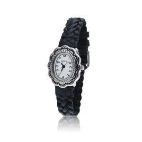 Silver Scalloped Southwestern Designed Watch with a Black Braided Leather Band and a Silver Buckle.