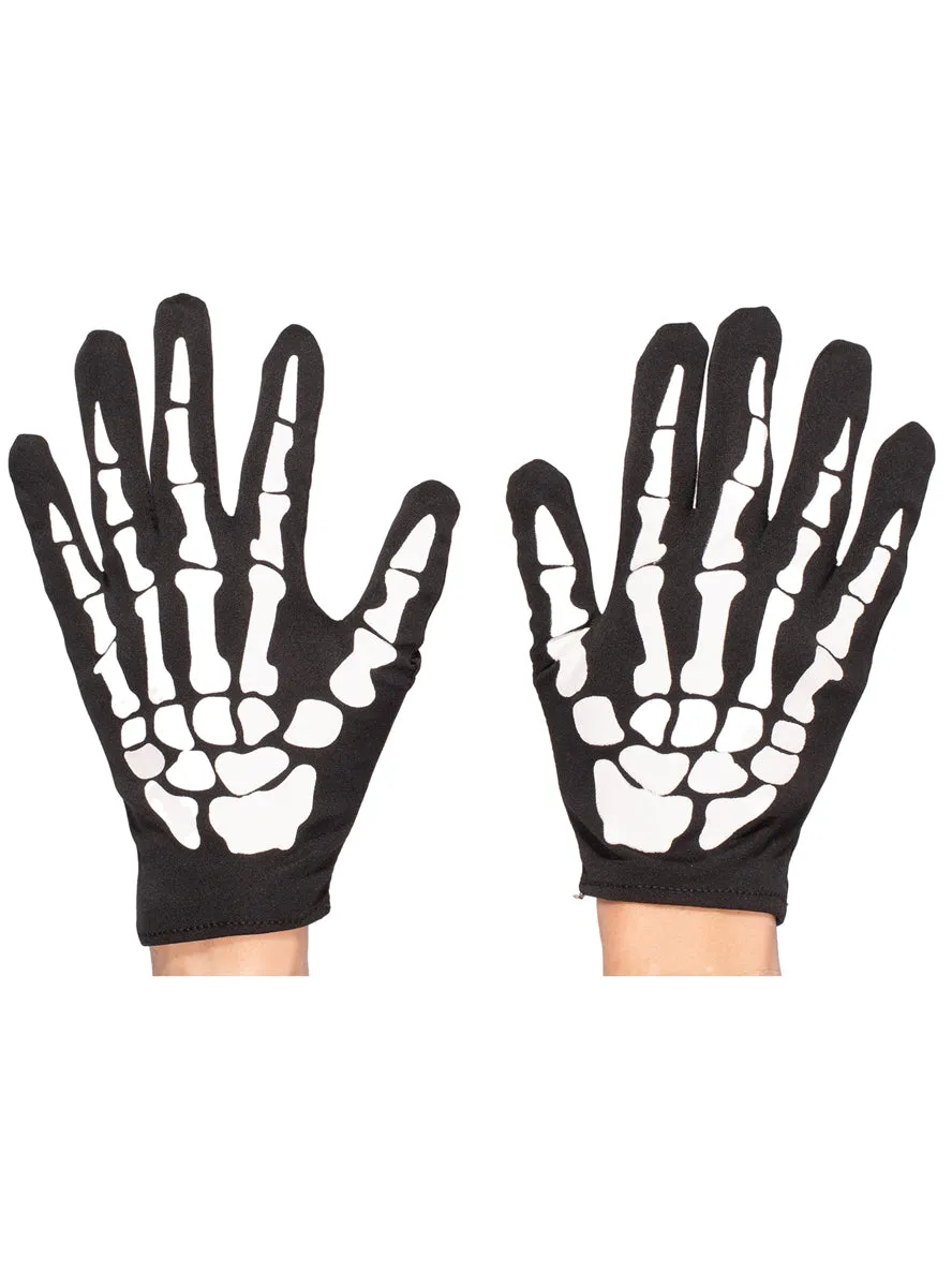 Skeleton Print Short Black Halloween Costume Gloves