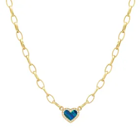 Small Edith Link Necklace with Opal Inlay Heart with Diamonds