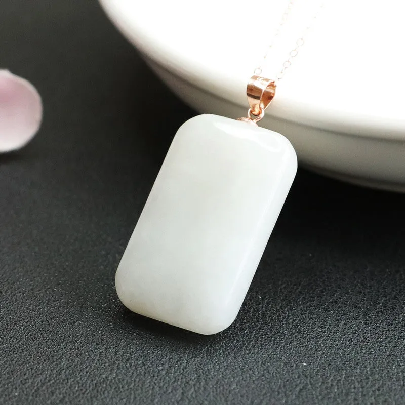 Smooth Rectangle White Hetian Jade Necklace with Sterling Silver Pendant