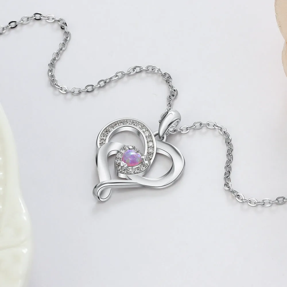 Spiral Heart Pendant with Pink Heart Shape Opal Zircon Sterling Silver Necklace