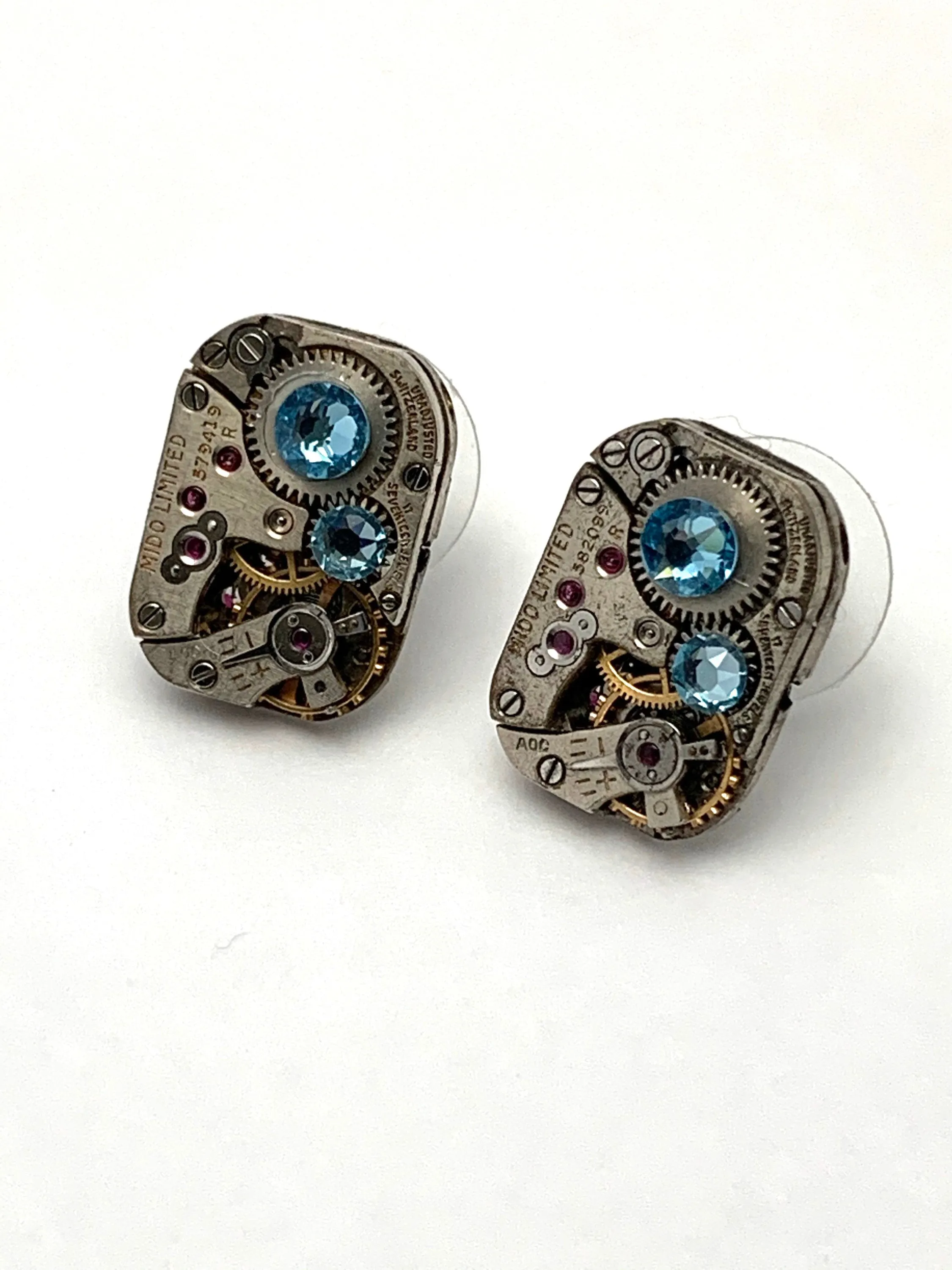 Steampunk Stud Earrings Mechanical Watch Movement Post Earrings , Steampunk jewelry, Aqua Marine Swarovski crystals