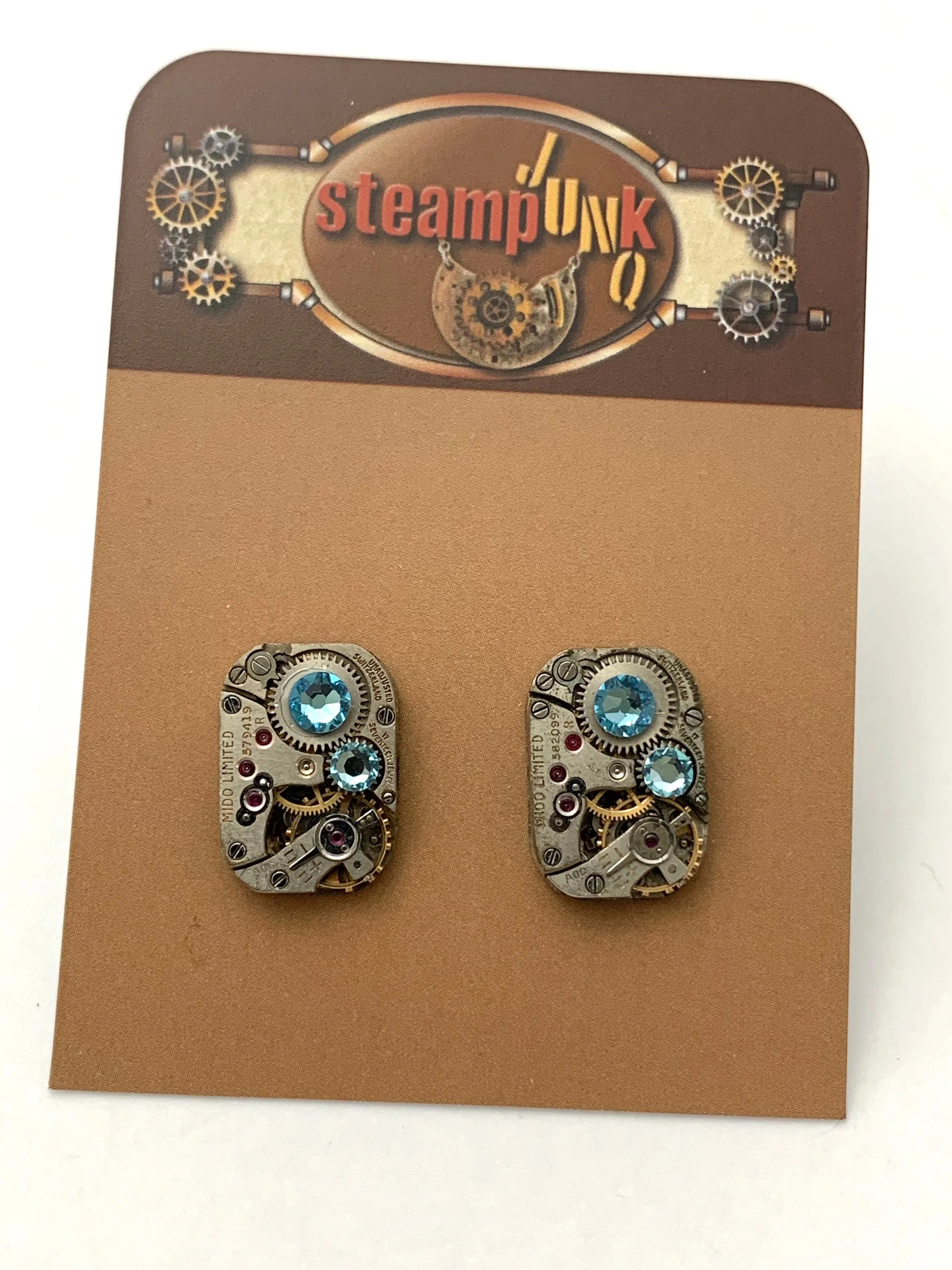 Steampunk Stud Earrings Mechanical Watch Movement Post Earrings , Steampunk jewelry, Aqua Marine Swarovski crystals