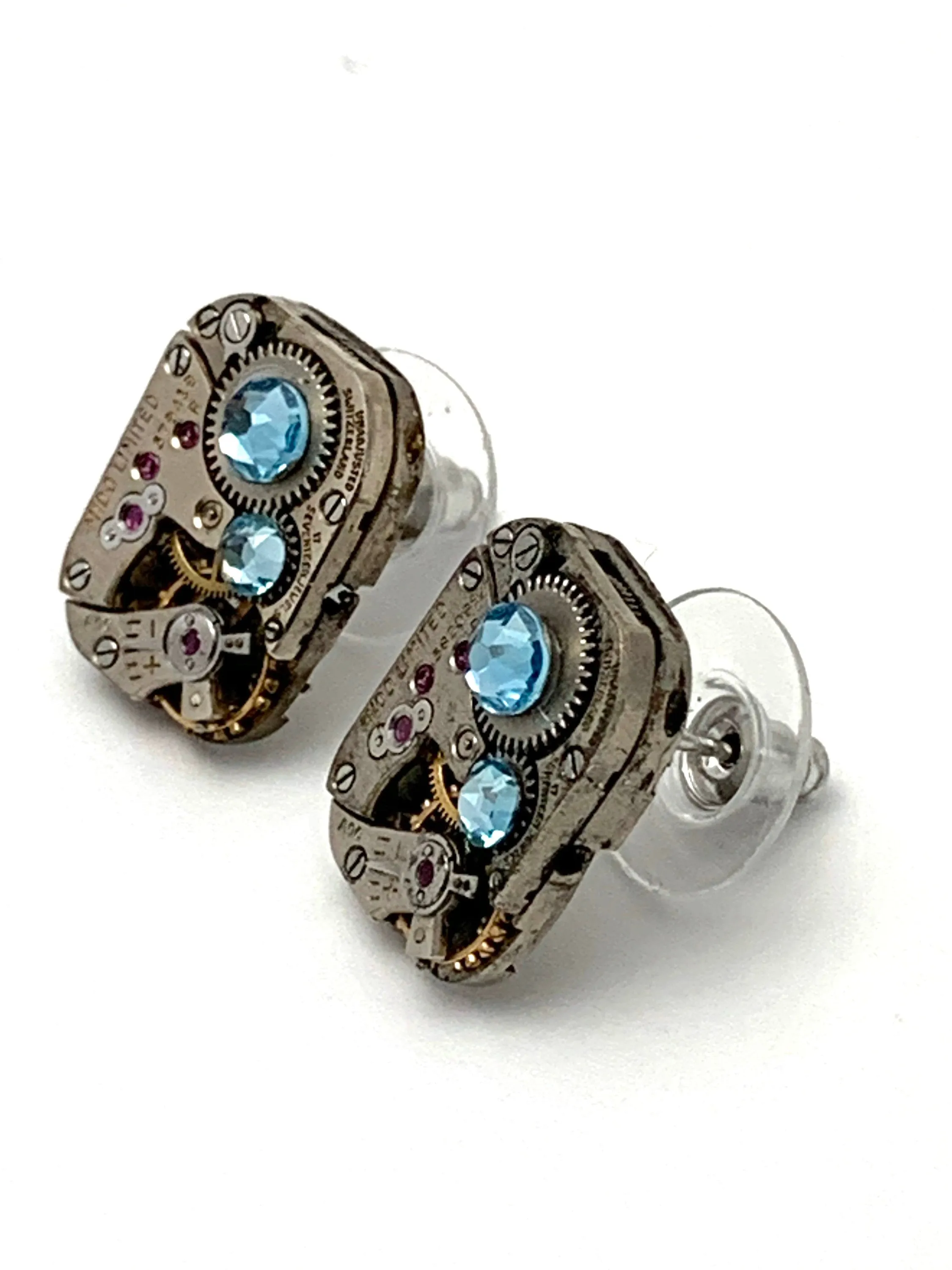 Steampunk Stud Earrings Mechanical Watch Movement Post Earrings , Steampunk jewelry, Aqua Marine Swarovski crystals