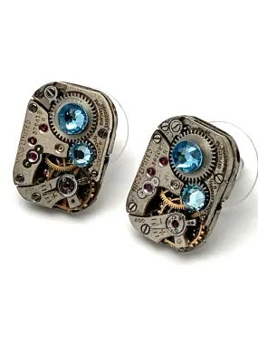 Steampunk Stud Earrings Mechanical Watch Movement Post Earrings , Steampunk jewelry, Aqua Marine Swarovski crystals