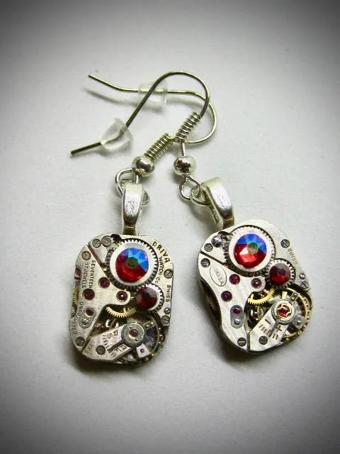 Steampunk watch earrings - Almost Time  - Steampunk Earrings - Fuschia shimmer Swarovski Crystals - Repurposed art