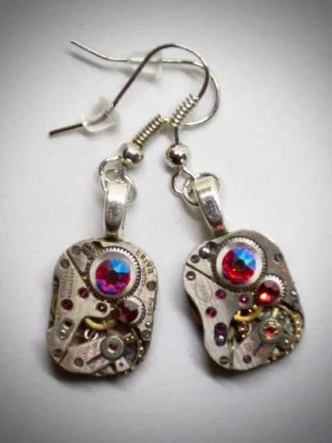 Steampunk watch earrings - Almost Time  - Steampunk Earrings - Fuschia shimmer Swarovski Crystals - Repurposed art