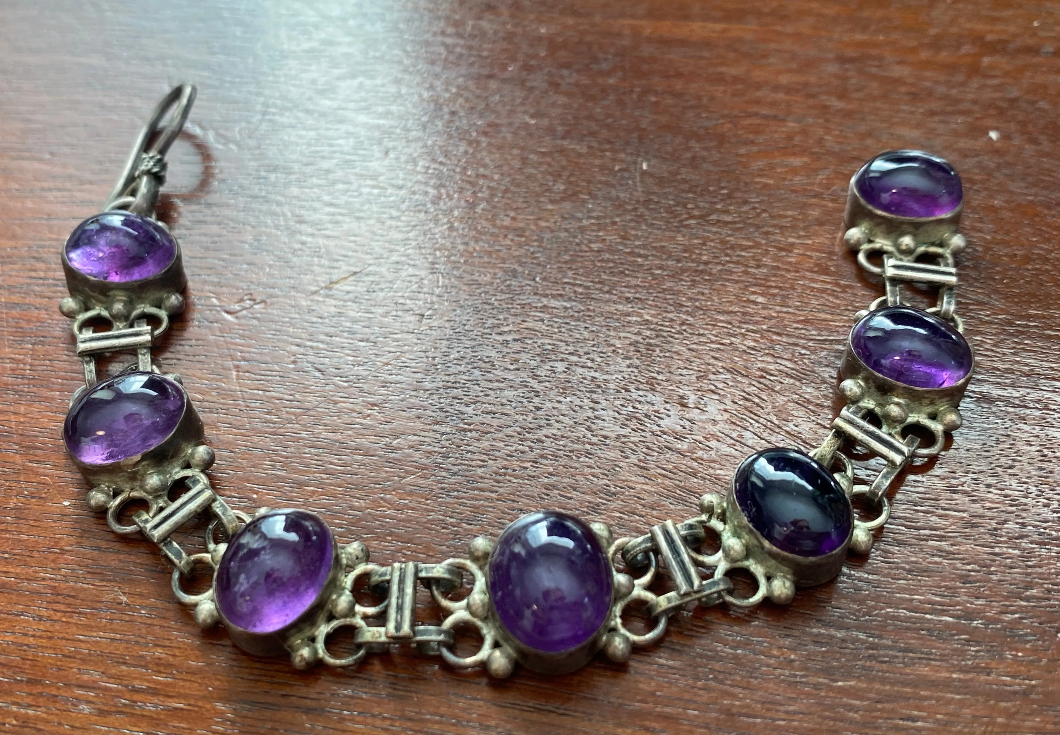 Sterling Silver 925 Amethyst Cabochon Bracelet