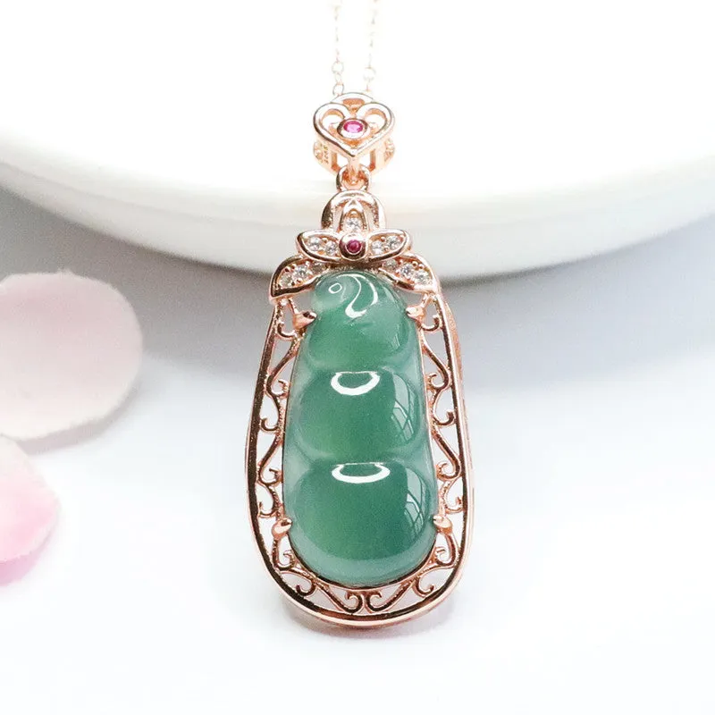 Sterling Silver Hollow Edge Necklace with Ice Blue Green Jadeite Four Kidney Bean Pendant