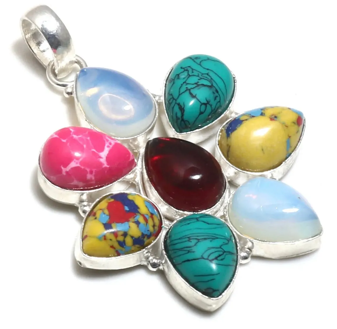 Sterling Silver Multi-Colored Turquoise, Jasper, Milky Opal, Garnet Gemstone Pendant Necklace 2.5