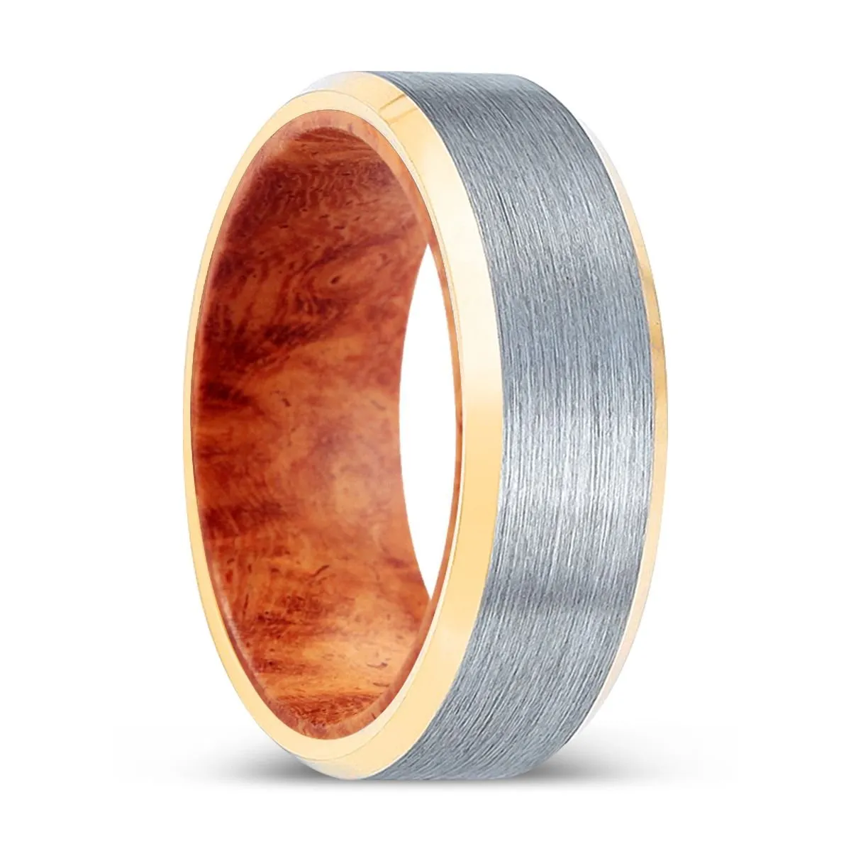 TREEFANG | Red Burl Wood, Brushed, Silver Tungsten Ring, Gold Beveled Edges