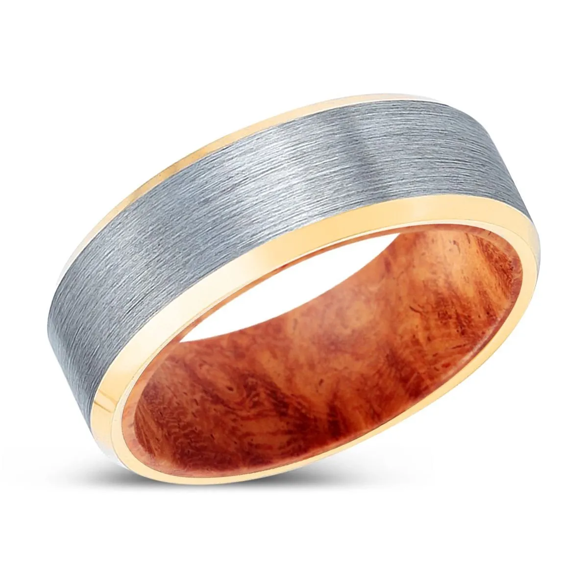 TREEFANG | Red Burl Wood, Brushed, Silver Tungsten Ring, Gold Beveled Edges