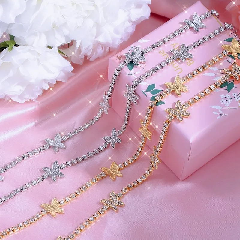 Trendy cute Iced Out Butterfly Choker Necklaces For Women Gold Silver Color Tennis Chain Animals Pendant