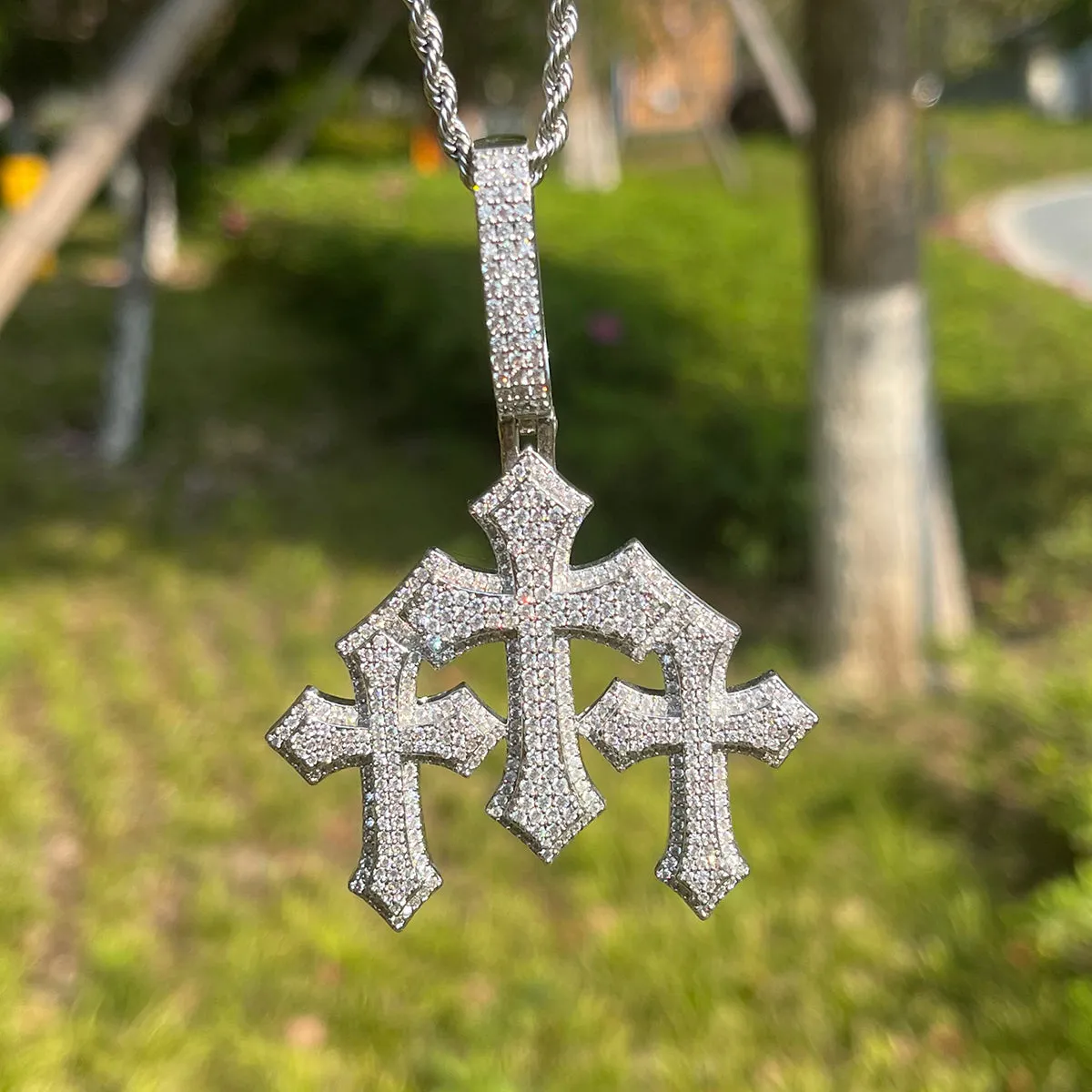 Triple Cross Iced Out Diamond Pendant Necklace