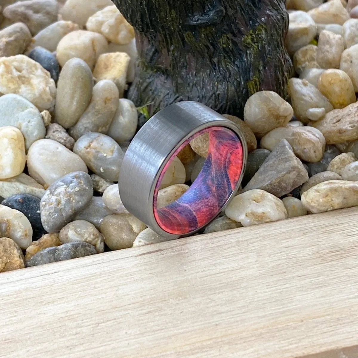 TSUNAMI | Blue and Red Wood, Silver Tungsten Ring, Brushed, Flat