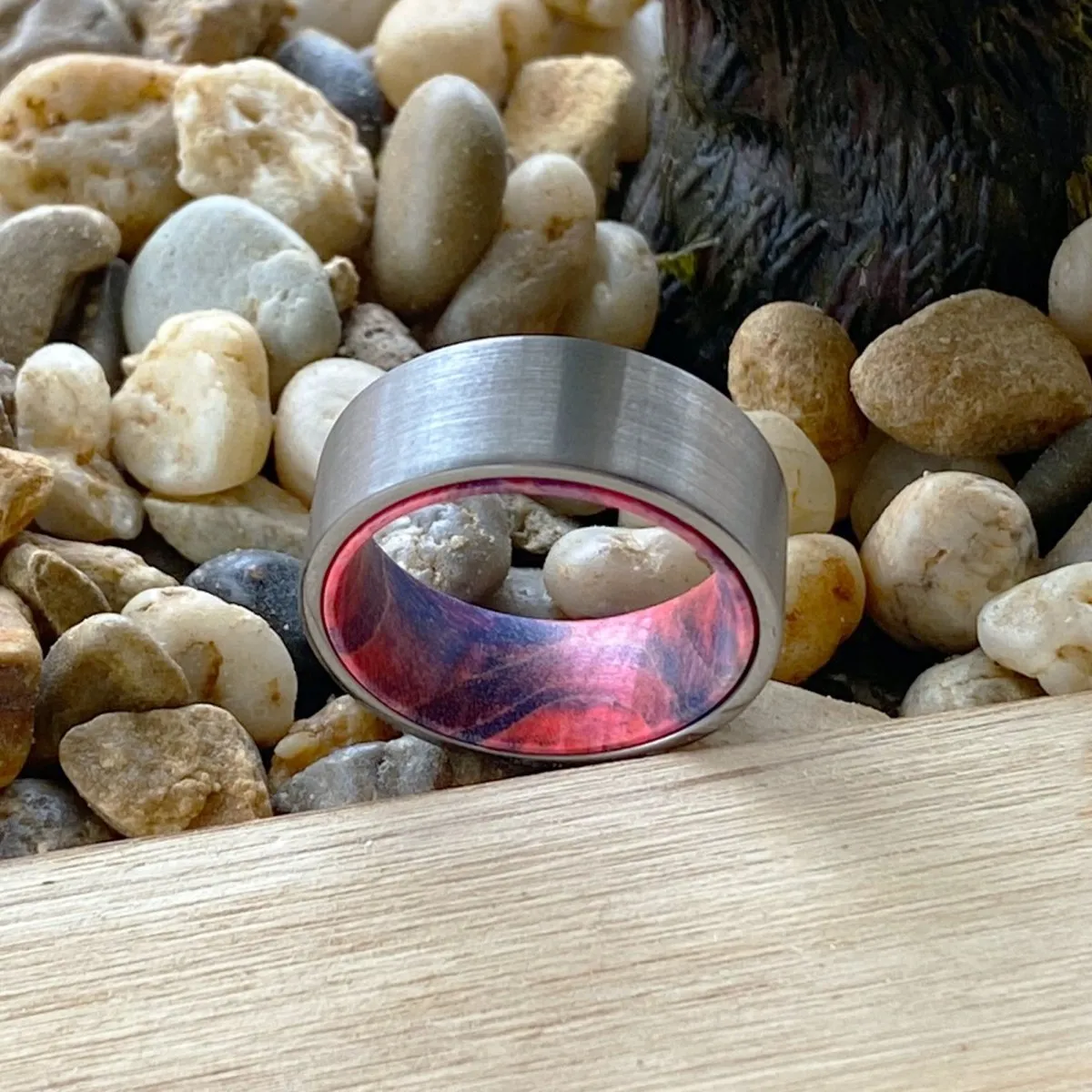 TSUNAMI | Blue and Red Wood, Silver Tungsten Ring, Brushed, Flat