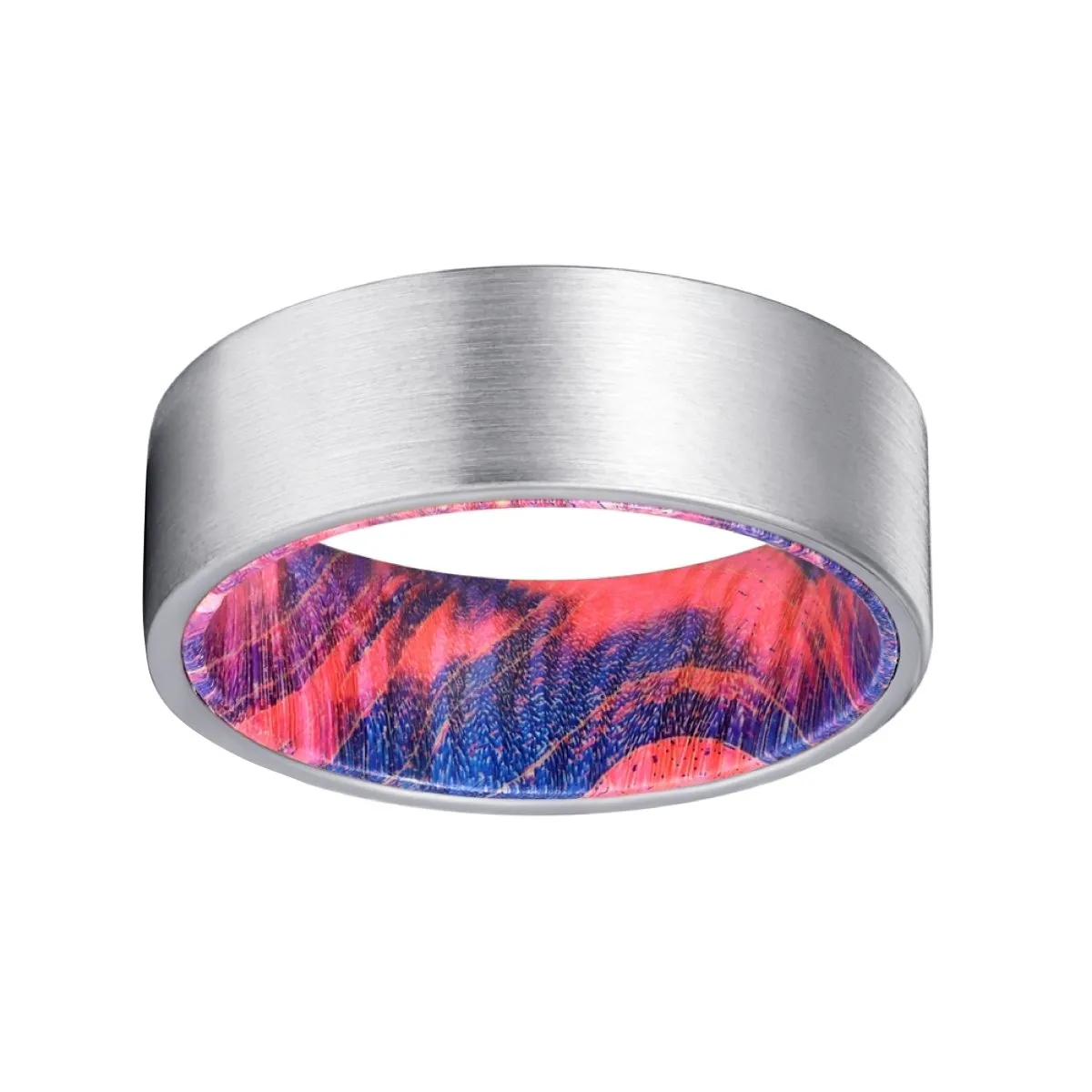 TSUNAMI | Blue and Red Wood, Silver Tungsten Ring, Brushed, Flat