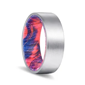 TSUNAMI | Blue and Red Wood, Silver Tungsten Ring, Brushed, Flat